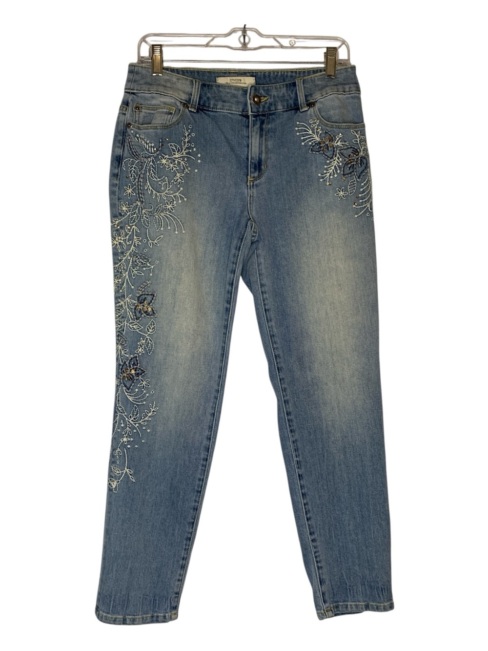 Chicos Embroidered Sequined Floral Design Ultimate Fit Straight Leg Denim Jeans
